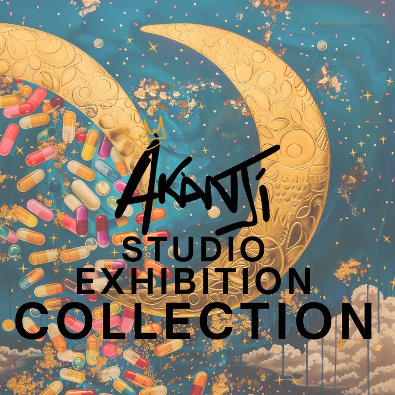 Promotional graphic for 'Akanji Studio Exhibition Collection' with a gold crescent moon and colorful胶囊 on a blue background.
